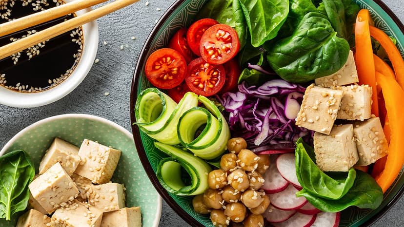 A selection of vegan dishes including salads and main courses