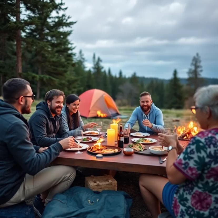 A group of people enjoying a meal outdoors during a camping trip