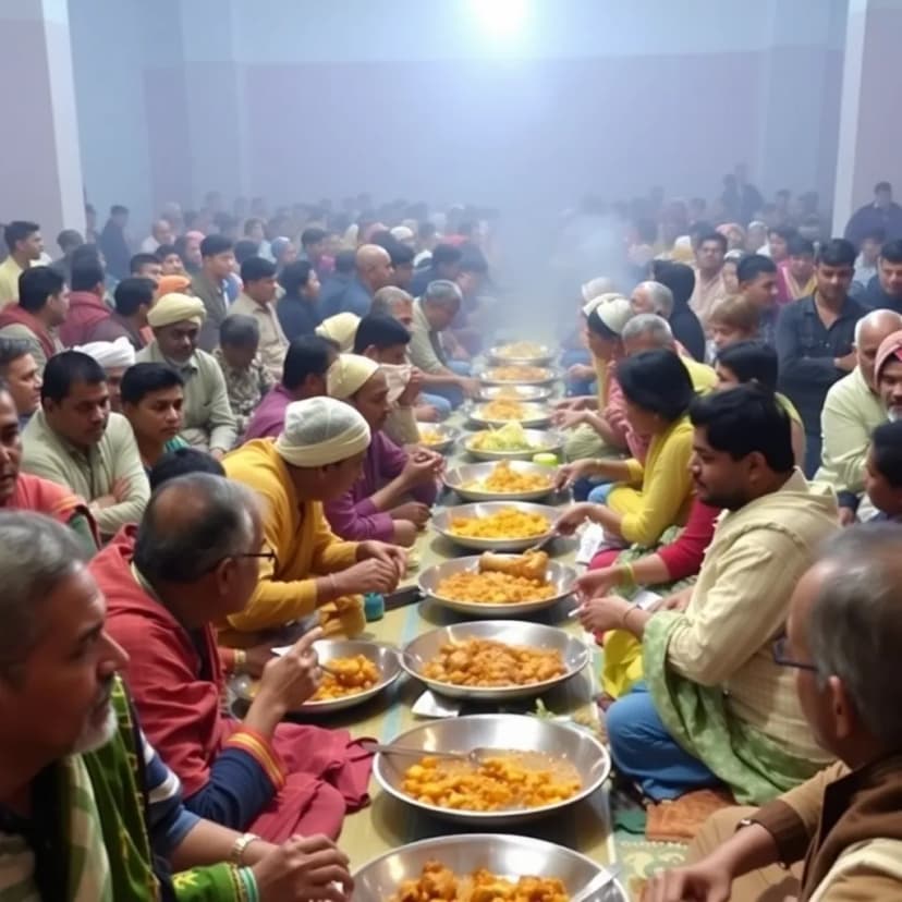 A large group of people enjoying a langar meal at a community gathering