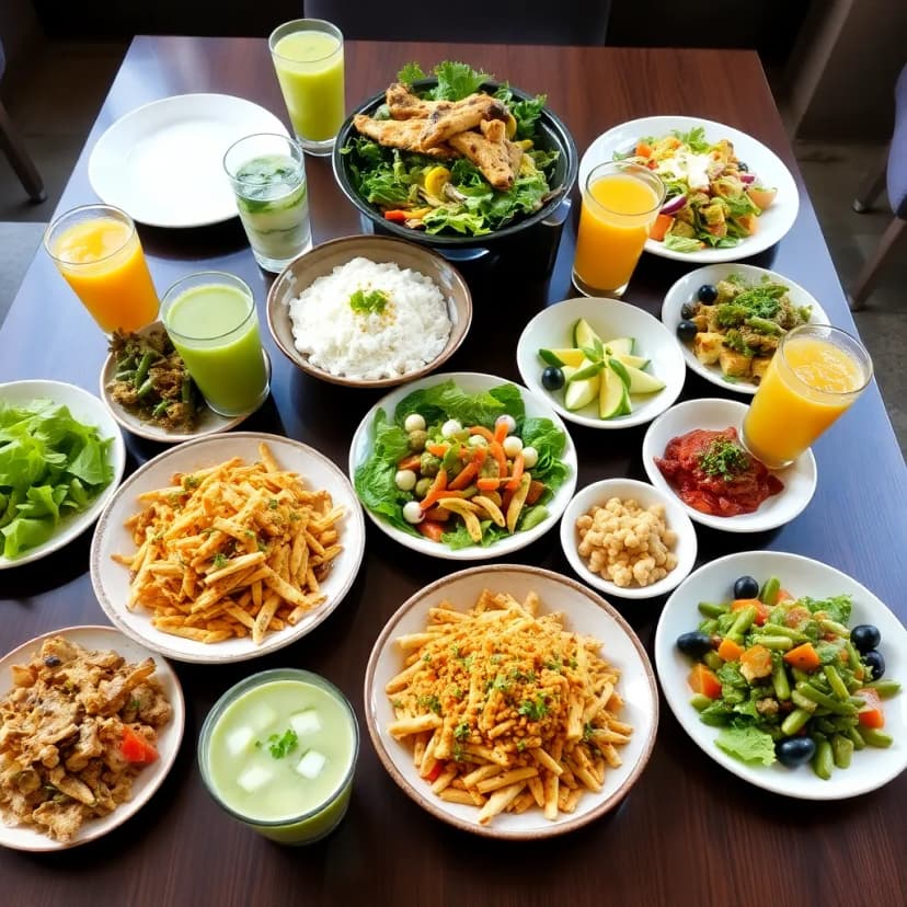 A beautifully arranged table with a variety of vegetarian and vegan dishes, including salads, appetizers, and beverages