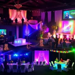 Celebration scene with diverse event setups