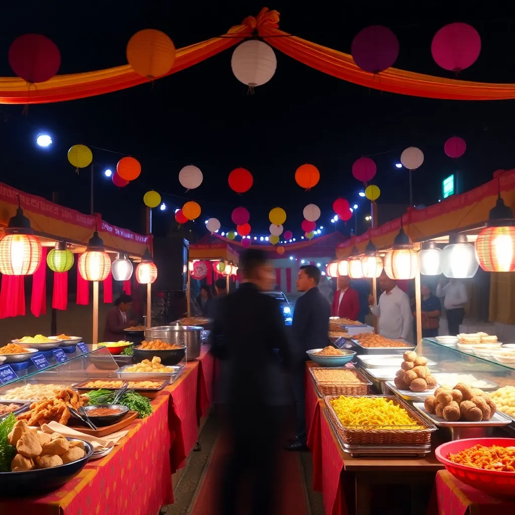 Vibrant festival catering setup with colorful decorations and a variety of foods
