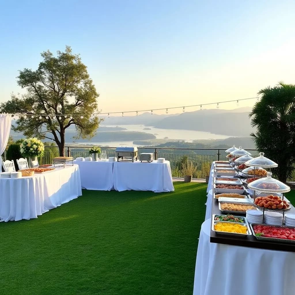 Elegant outdoor catering setup with beautifully arranged tables and a buffet spread