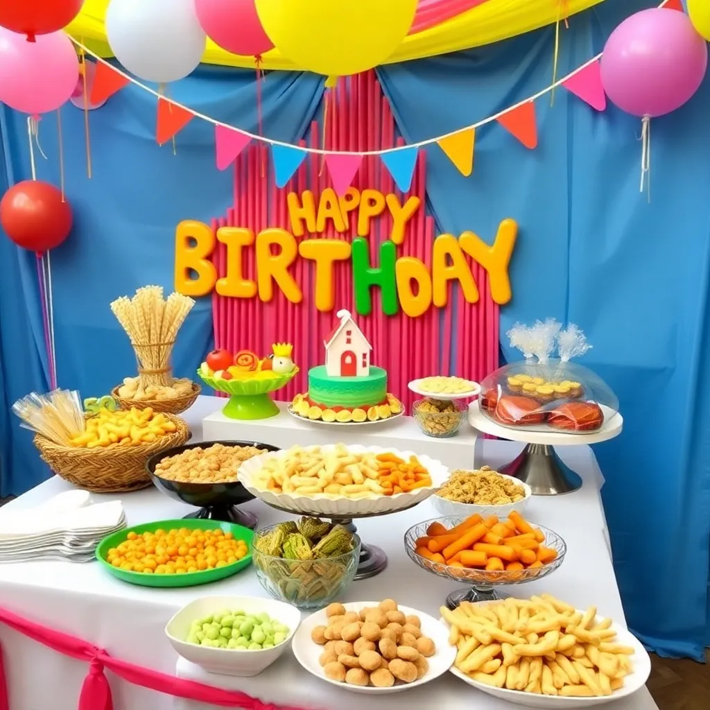 Vibrant birthday party catering setup with colorful decorations and a variety of foods