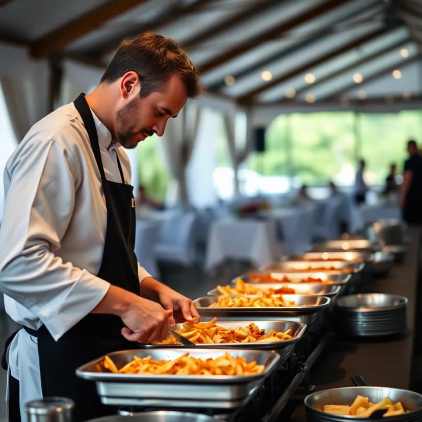 A professional cook preparing fresh meals on-site at an event venue