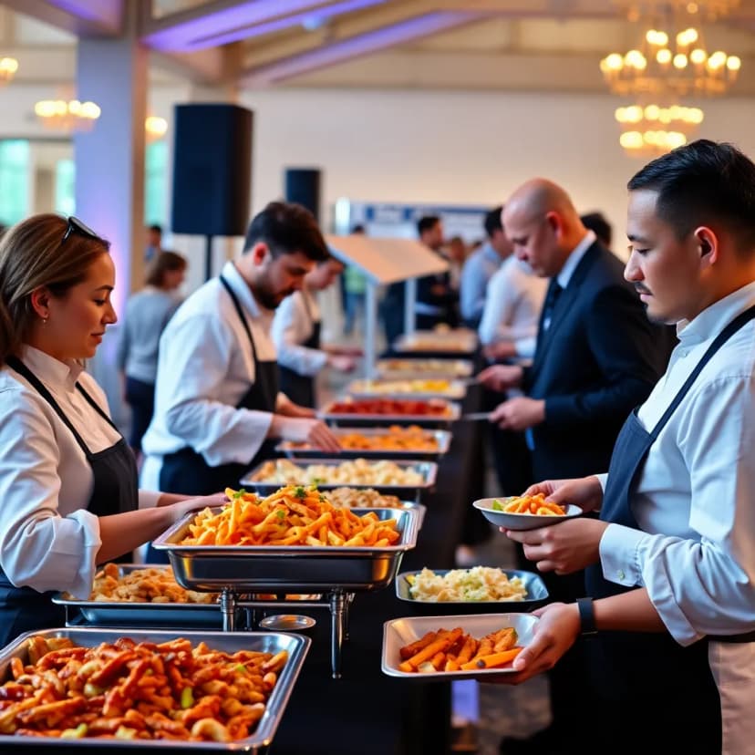 A professional catering team serving food at an event