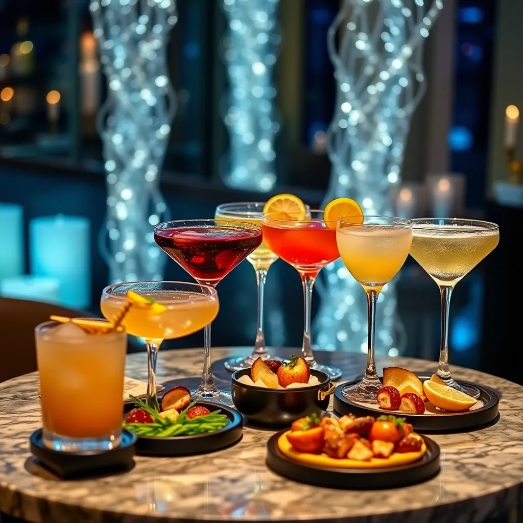 Luxurious cocktail party setup with a variety of drinks and gourmet appetizers