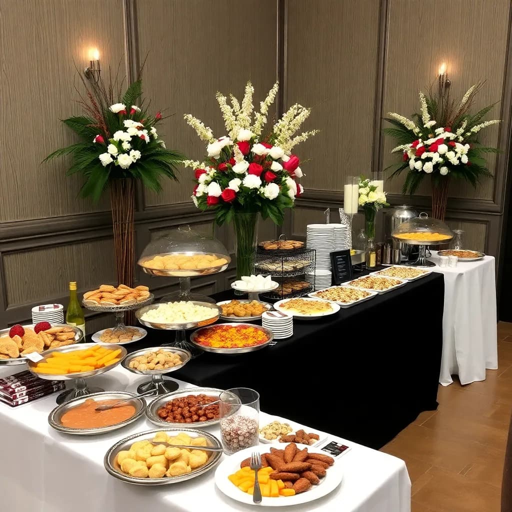 Elegant funeral catering setup with beautifully arranged tables and comforting meals