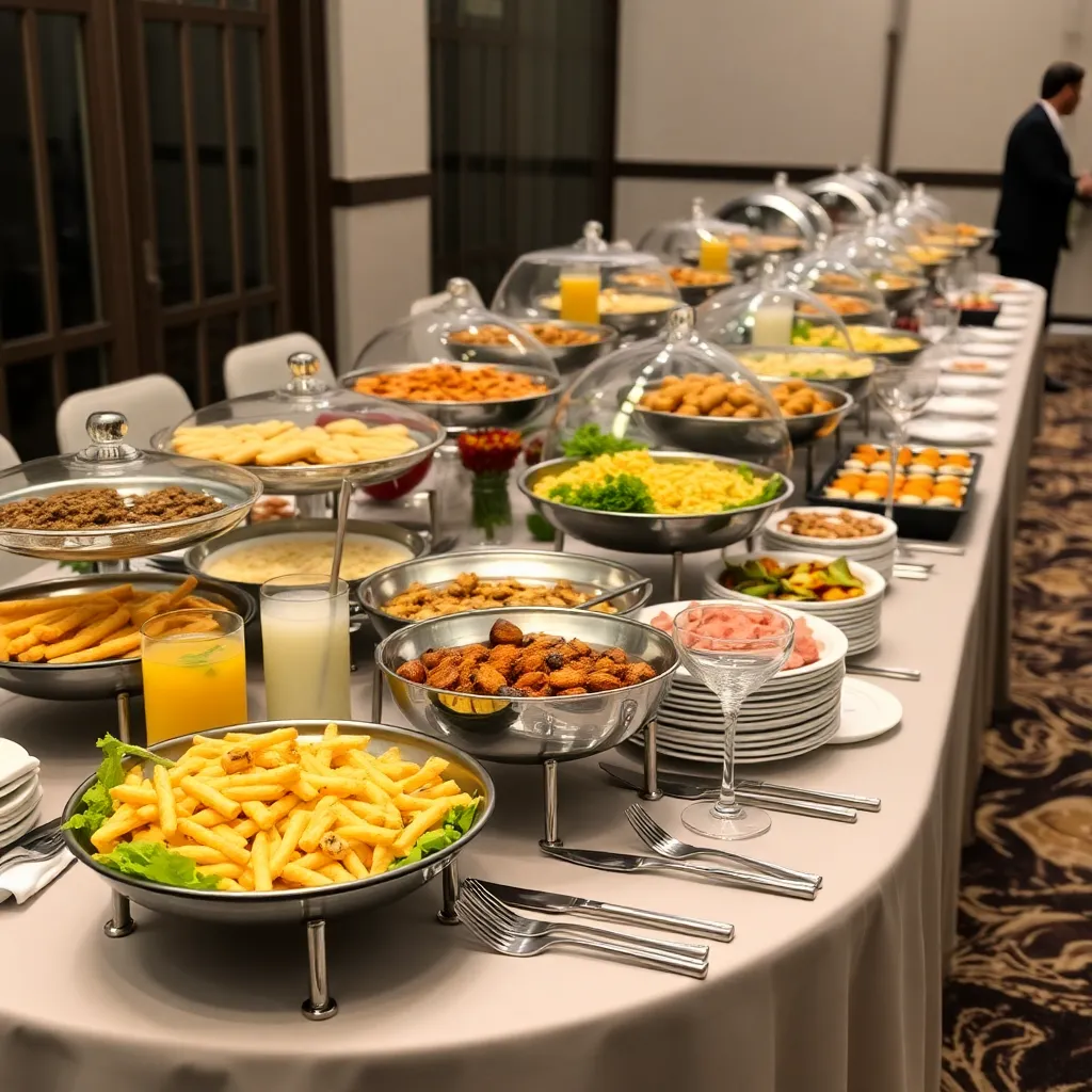 Professional corporate catering setup with a variety of foods and beverages